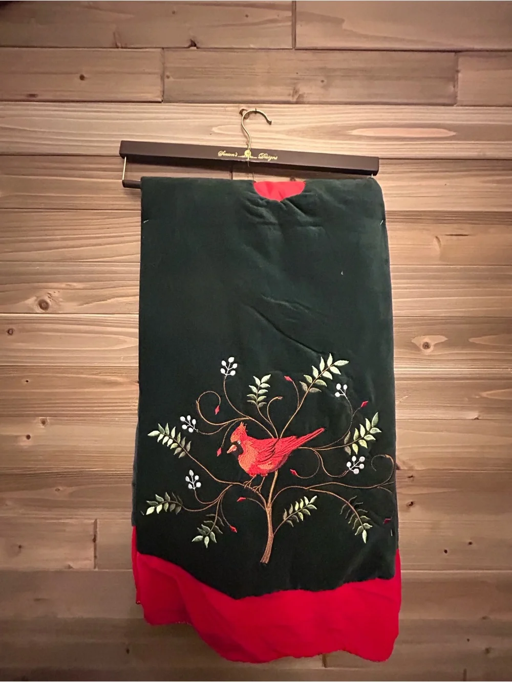 Embroidered Velvet Green Skirt with Red Accent